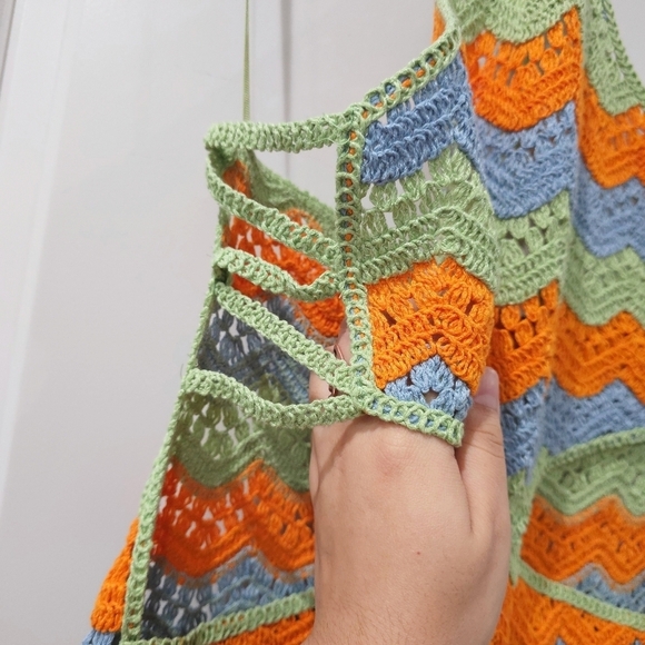 ZARA Colorful Cut Out Scalloped Stripe Crochet Mini Halter Dress, Sheer, M - Picture 6 of 16